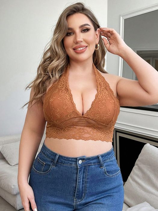 Top Crop Gorsetowy Koronkowy Głęboki Dekolt Brązowy Casual Shein 4Xl