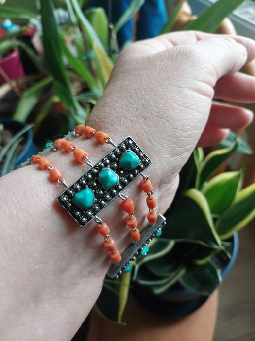 Stara bransoletka srebro koral I turkusy