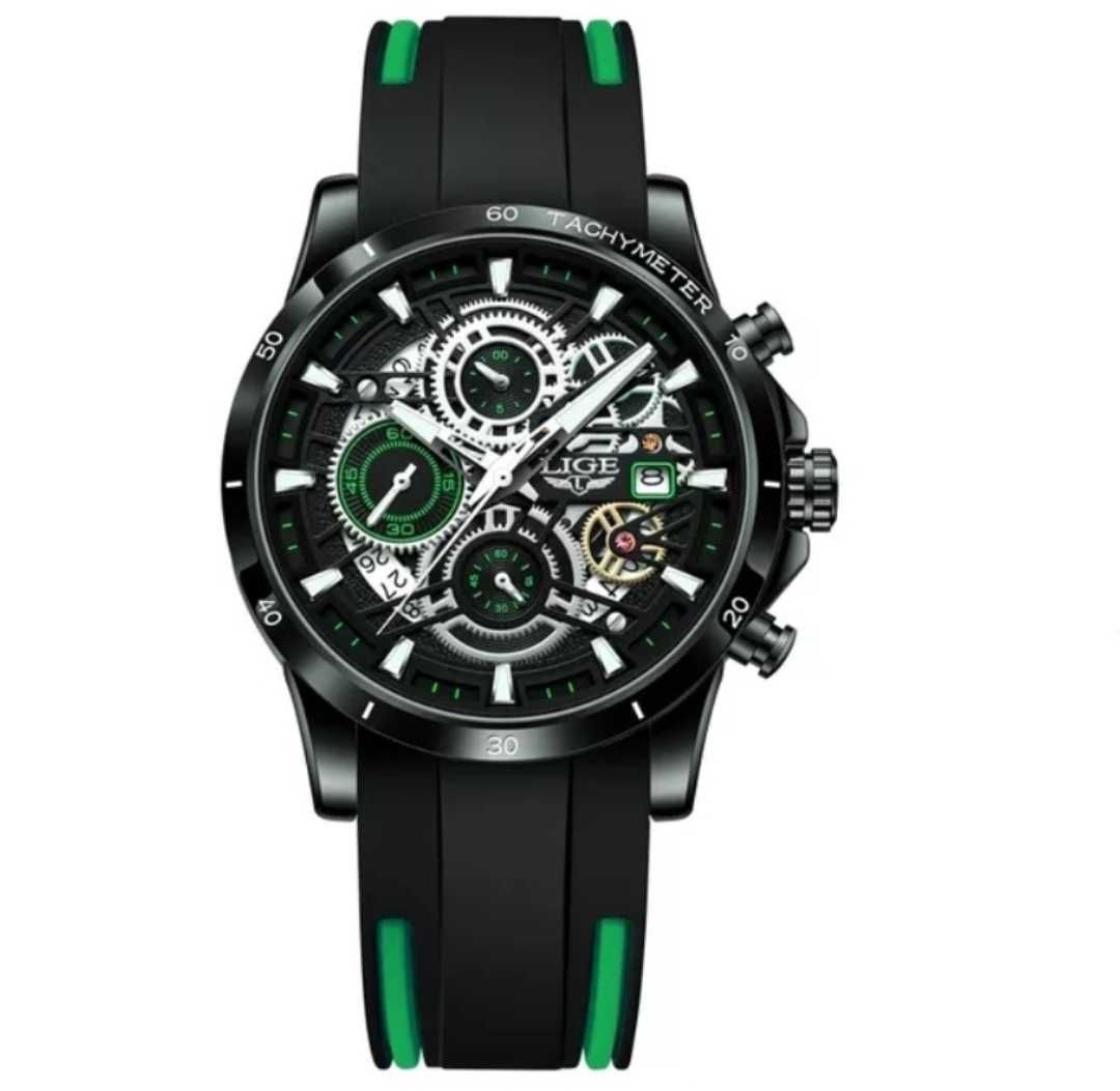 Relógio Luxuoso Masculino LIGE bracelete silicone verde e preto (Novo)