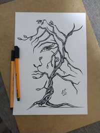 Rysunek: drzewna twarz - cienkopis, blok t. A4, 250 g/m2