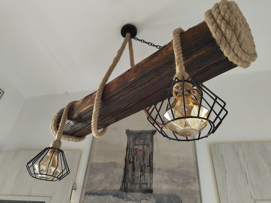 Lampa sznur jutowy 2xe27 belka rustykalna loft handmade klosze