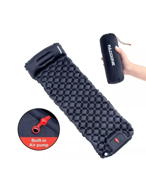 Туристичний надувний матрац PACOONE з подушкою, з вбудованим насосом