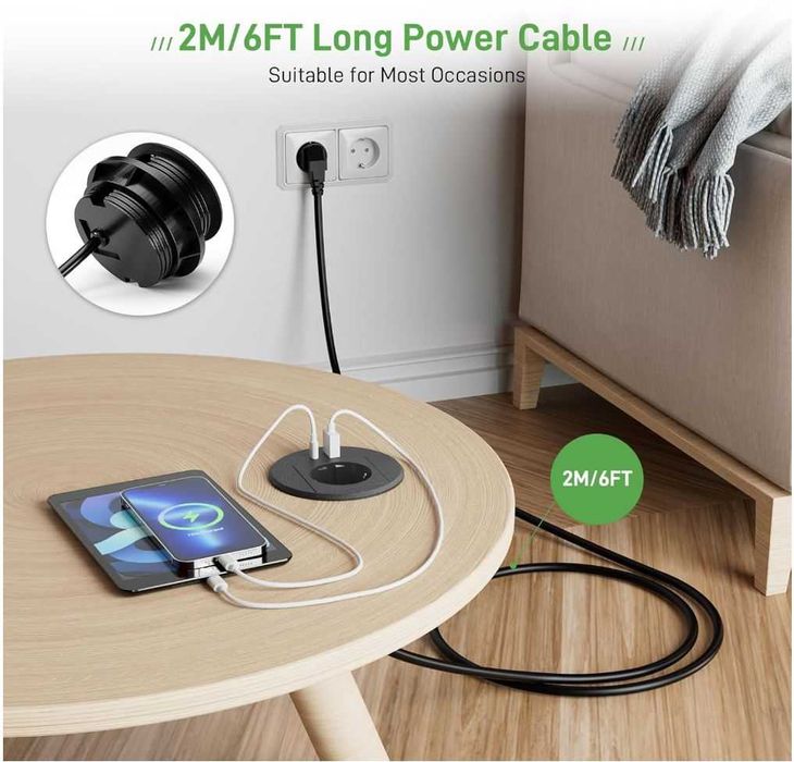 Wpuszczane gniazdko z USB-C PD20W, otwór 80 mm, kabel 2 m, czarne