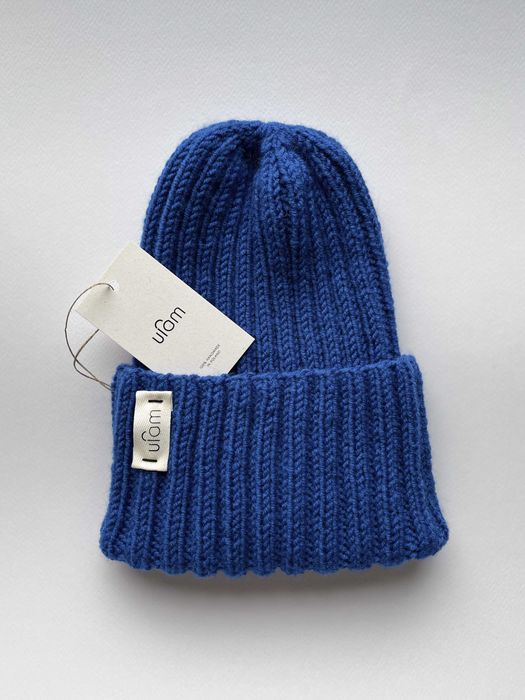 Czapka wełniana na drutach handmade by ufam rękodzieło szafir (nowa)