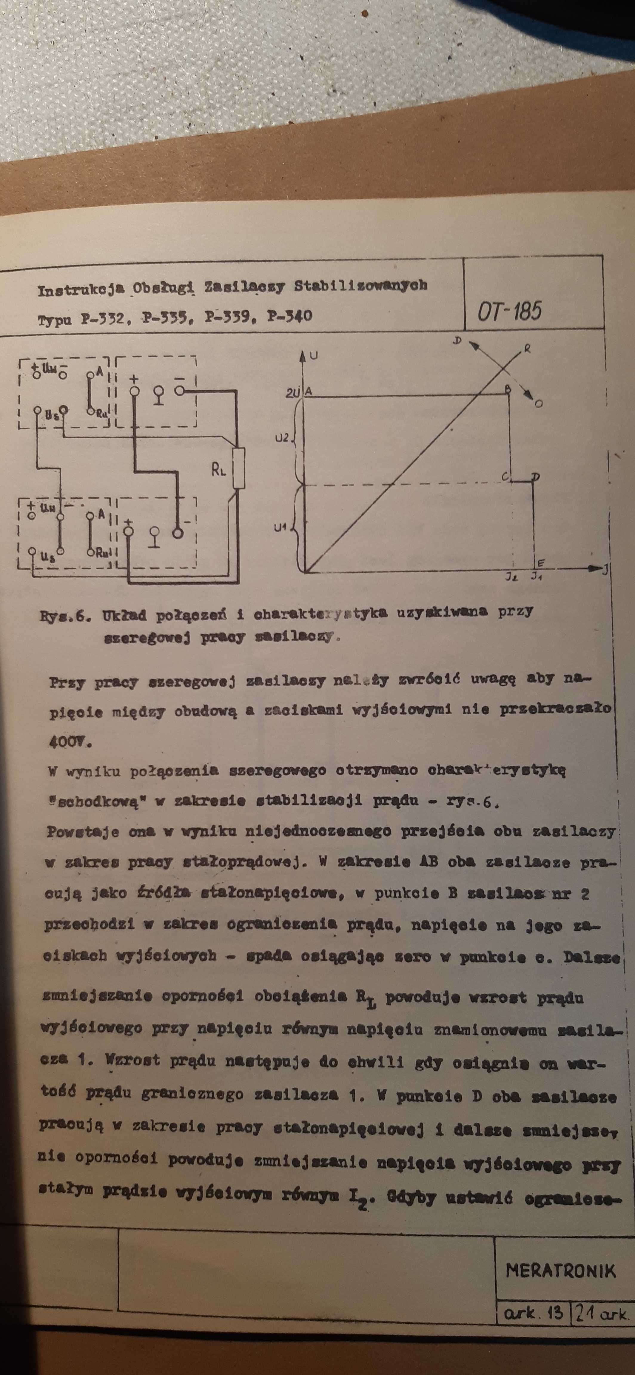 stara instrukcja zasilaczy stabilizowanych typu P-332 i inne