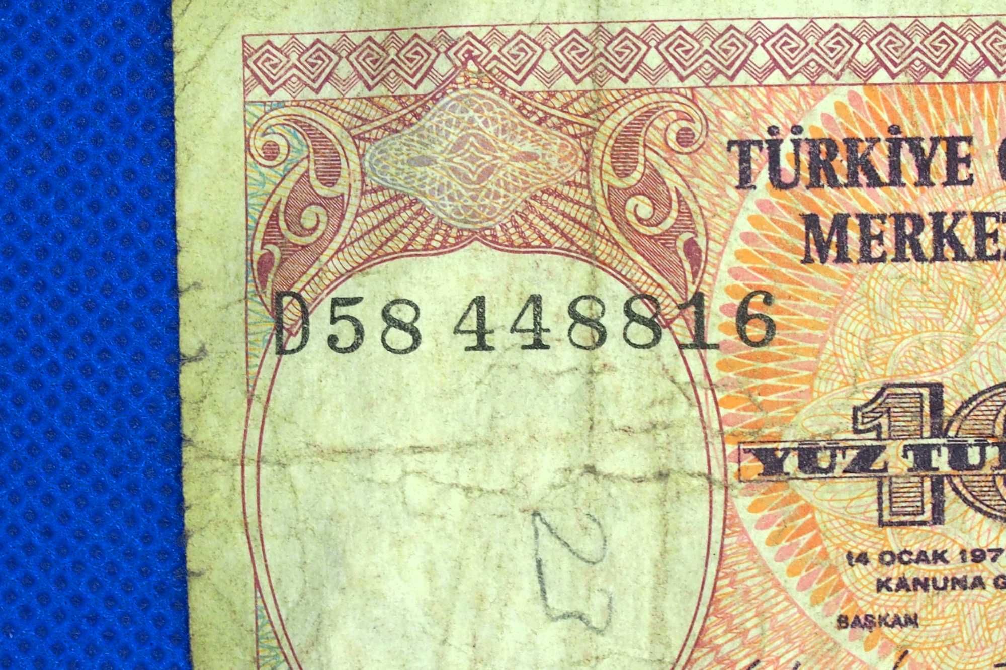 BANKNOT 100 lir sto lirów tureckich TURCJA 1970 archiwal numizmat 8816