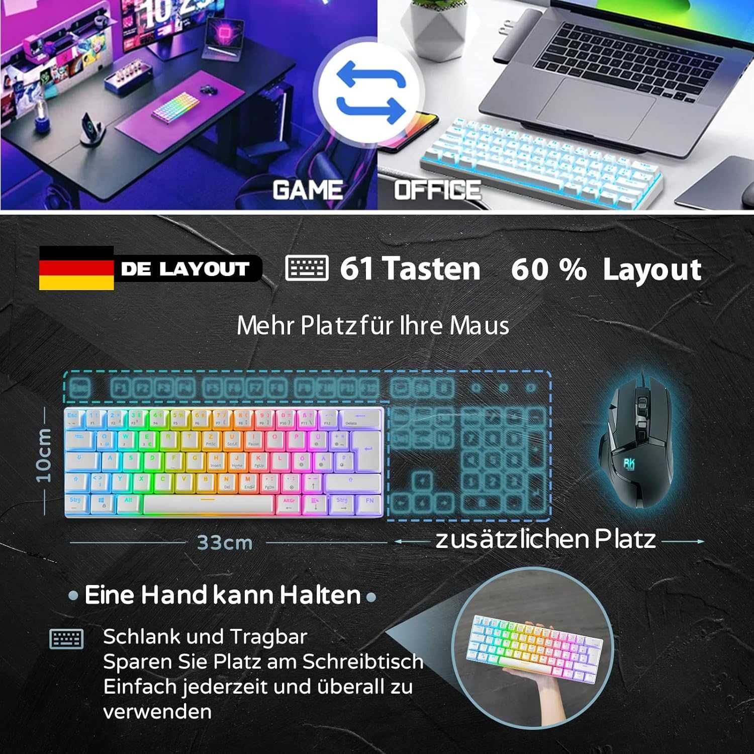 Klawiatura mechaniczna gaiming Royal Kludge RK61-DE RGB Red Switch BT