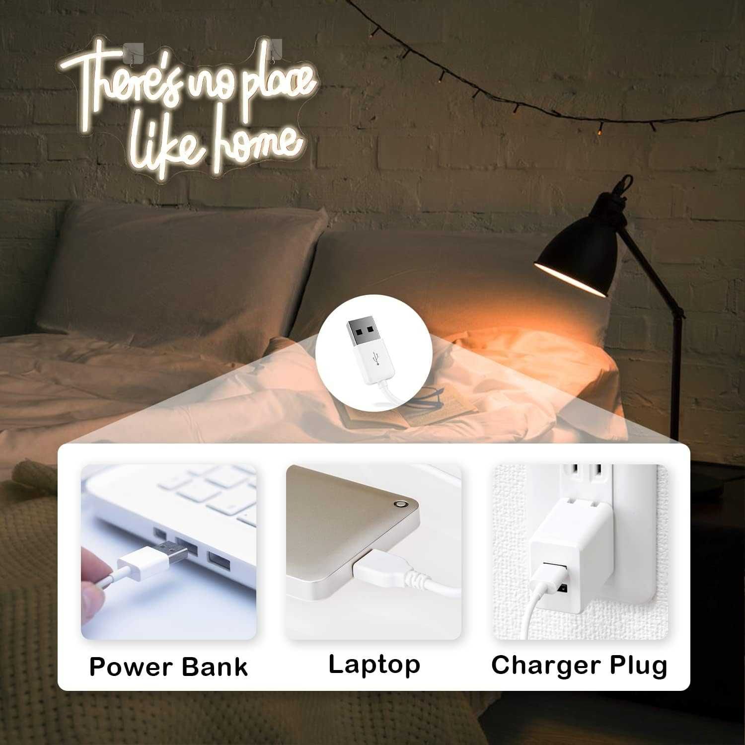 Neon LED Dekoracyjny THERES NO PLACE LIKE HOME Biały Ściem 42x24cm USB