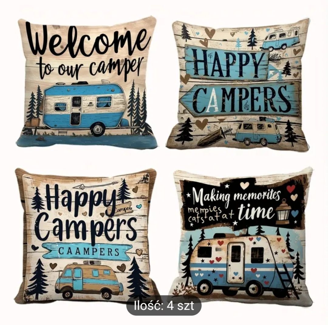 4 poszewki na poduszkę Happy Campers camper przyczepa