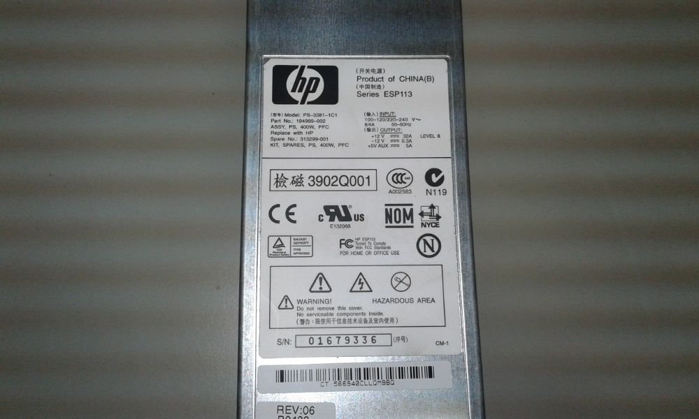 Блок питания HP Hot Plug Power Supply 400W 313299-001\Ps-3381-1C1