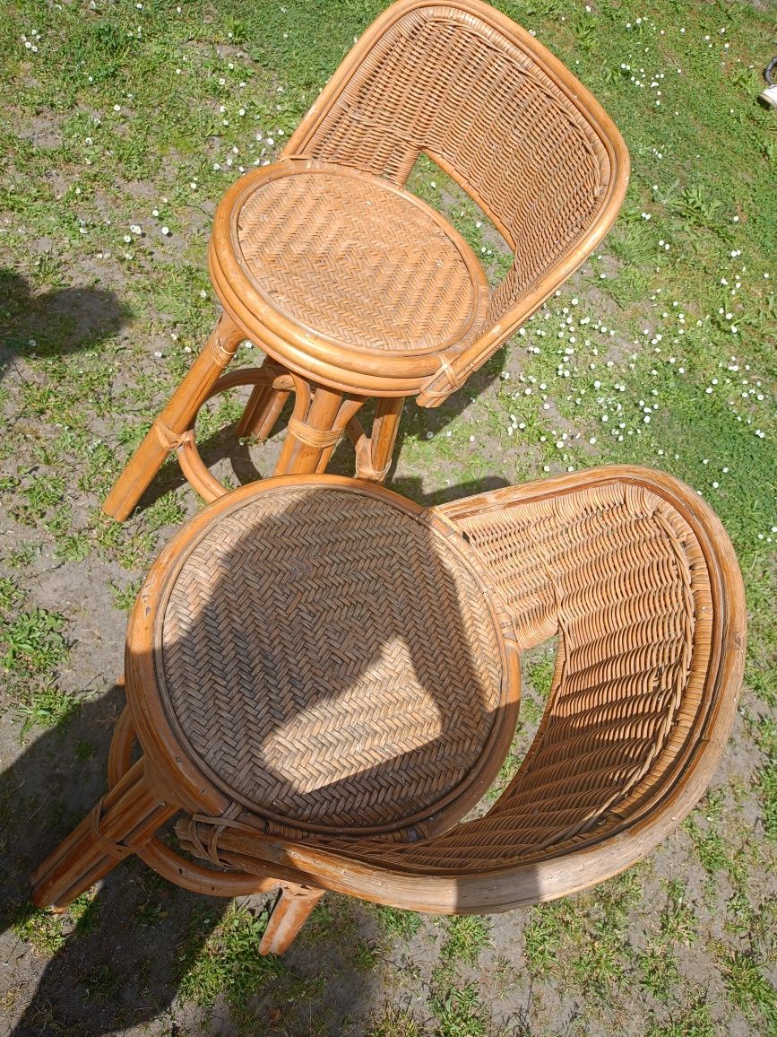 Dwa krzesła barowe obrotowe Wiklina Rattan bambus hoker