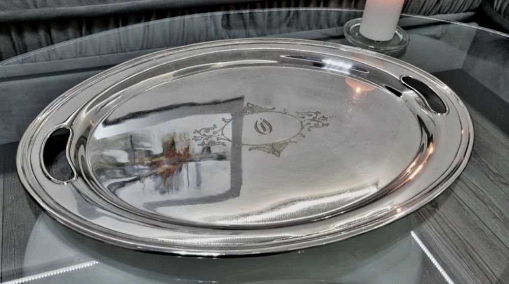 Sygnowana posrebrzana owalna taca