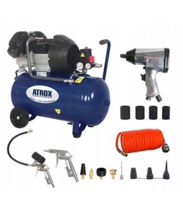 Kompresor dwu tłokowy 50 l + klucz pneumatyczny + wąż + 4 nasadki