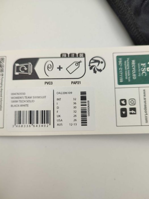 ARENA Damski Strój Kąpielowy Jednoczęściowy Tech Solid Czarny r. D 30