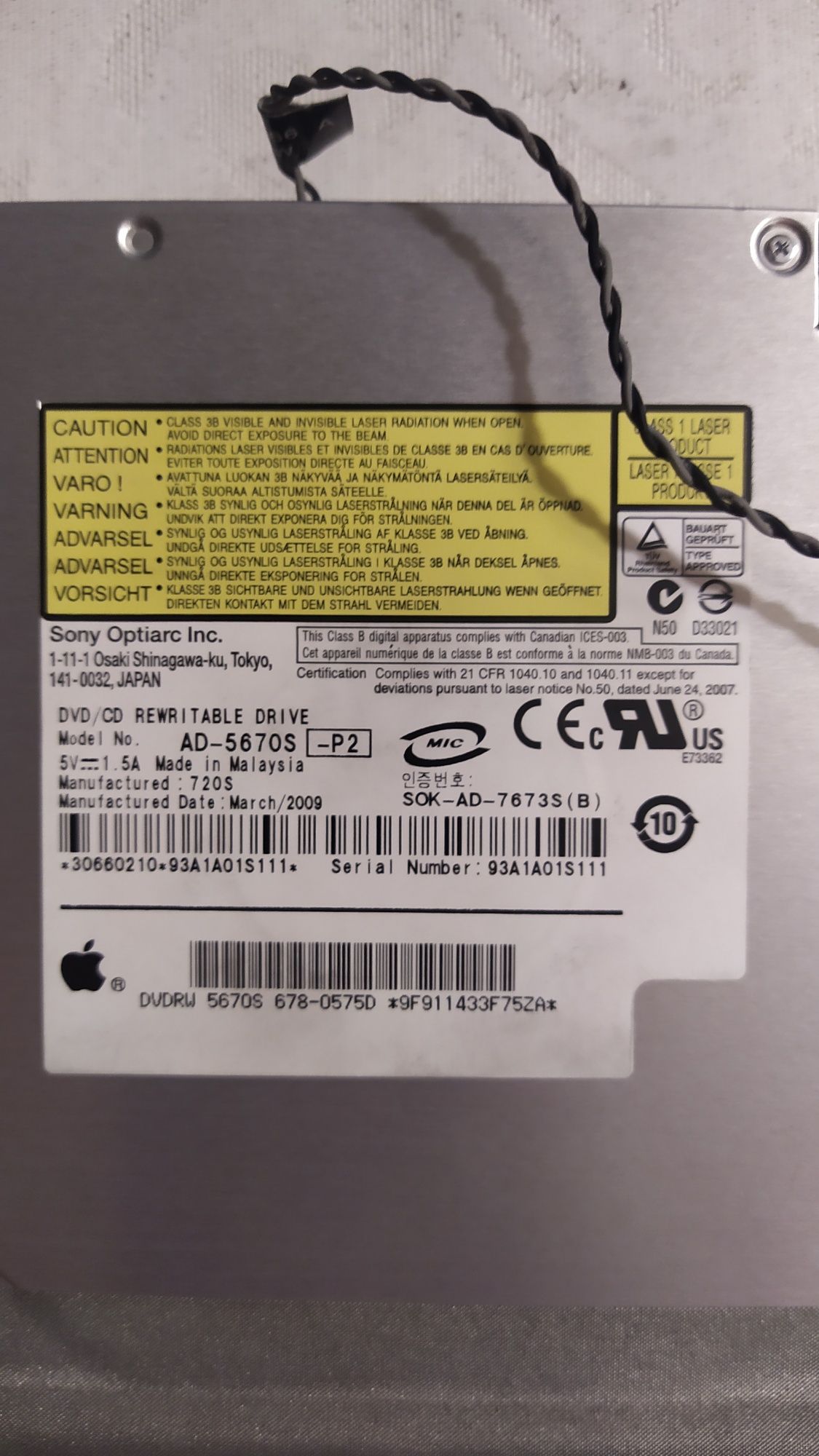 DVD/CD-ROM SATA III Apple Sony iMac 2009
