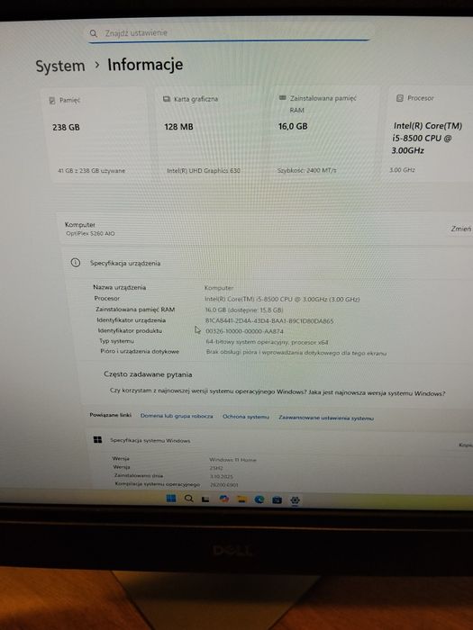 #3033 Dell 5260 Optiplex  i5-8gen  16GB 256SSD FV23 GW12 WiFi KAMERA