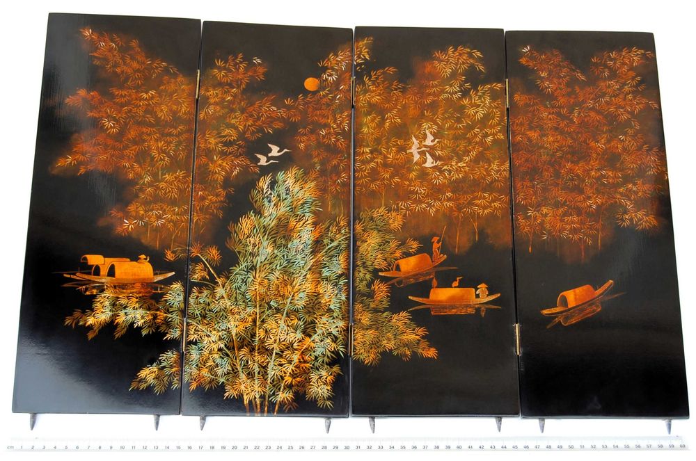 Parawan z laki, chiński obraz, pejzaż, laka, żurawie łodzie, vintage