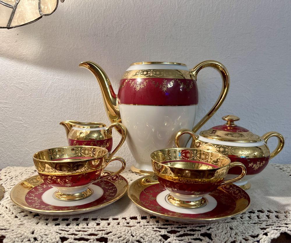 Elegancki CARLSBAD GLORIA Złoty Mocca Serwis filiżanka dzbanek Vintage