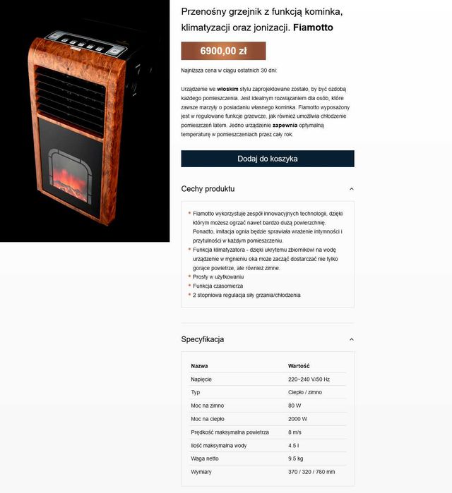 Przenośny grzejnik z funkcją kominka, klimatyzacji oraz jonizacji.