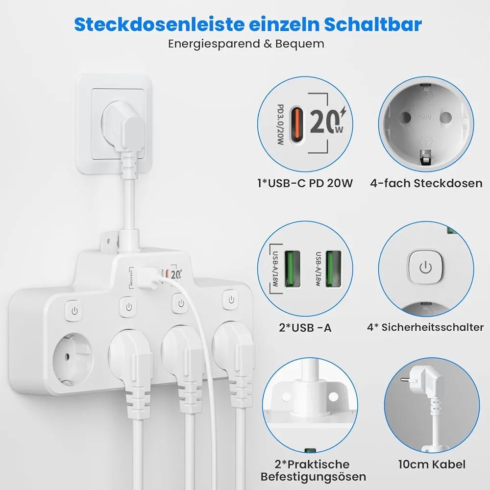 Listwa Zasilająca z ładowarką USB C (PD 20W): wielokrotne gniazdo z pr