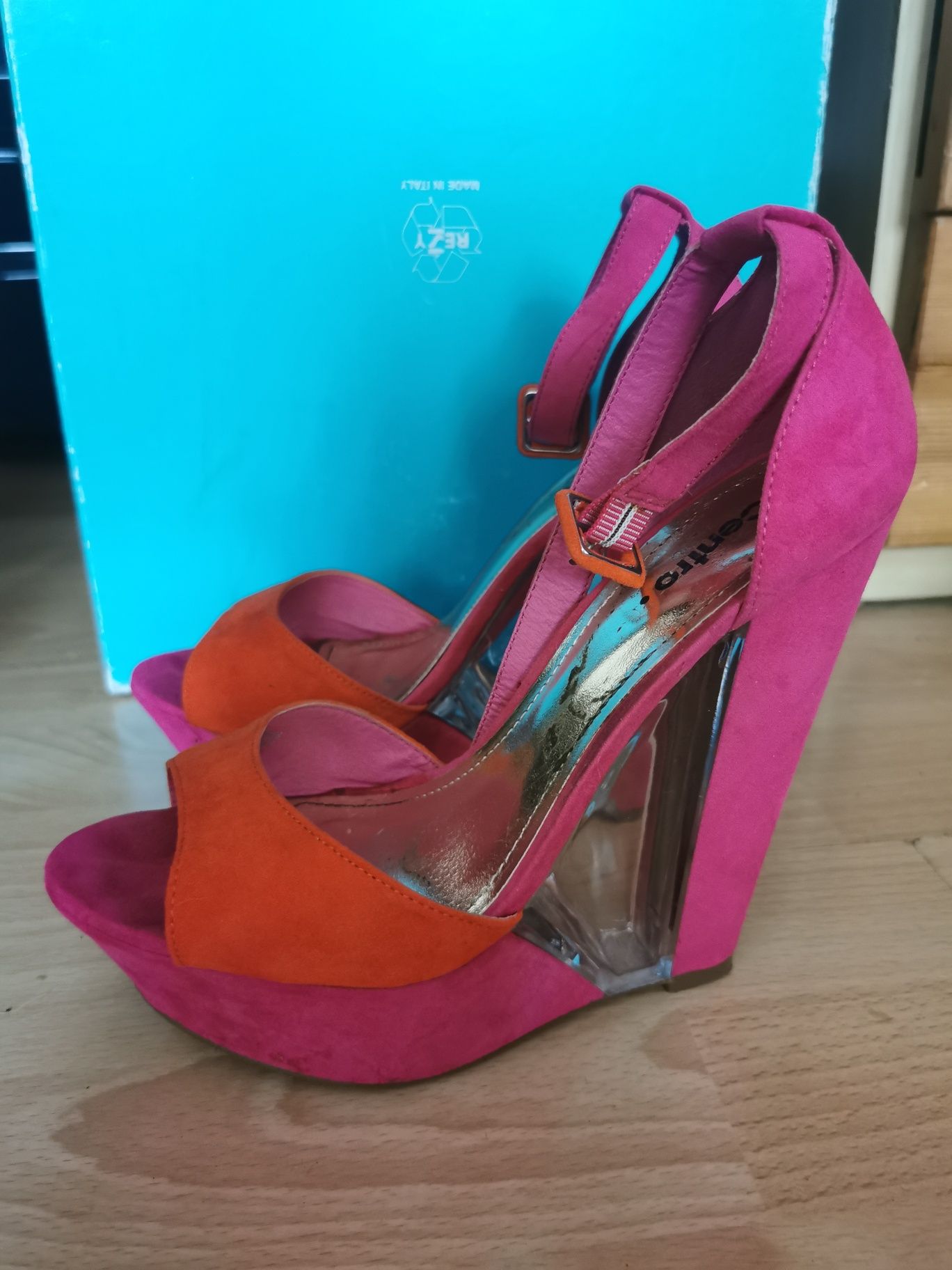 Różowe pomarańczowe platformy sandały damskie buty neonowe centro 38