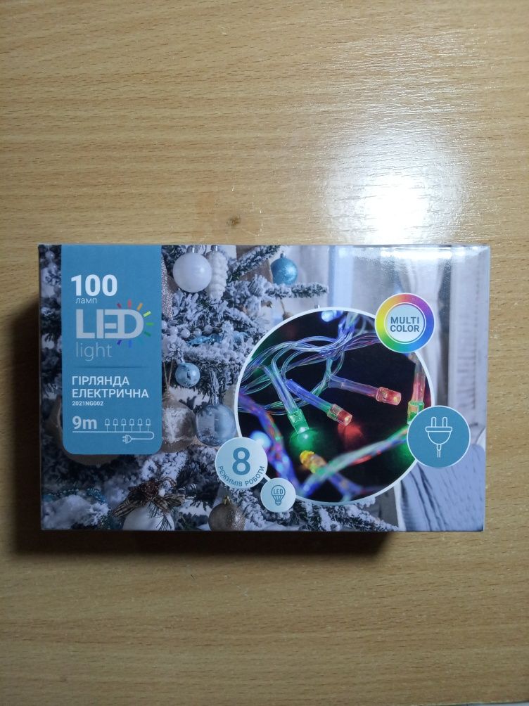 Новорічна гірлянда (9м, 100 ламп + можна вставити батарейки)