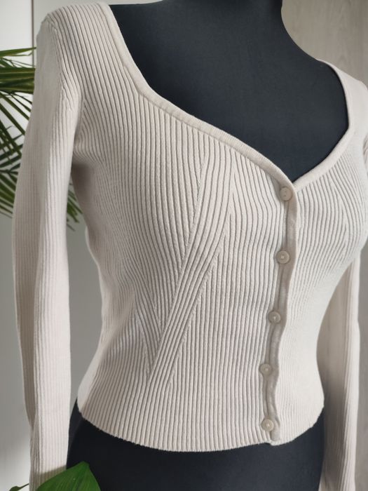 H&M sweterek jasny ecru beżowy damski dziewczęcy rozmiar 36 S zapinany