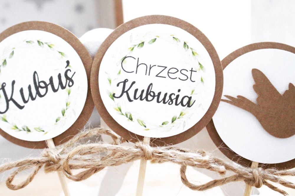 Pikery topper do babeczek dekoracje urodzinowe na chrzest rustykalne