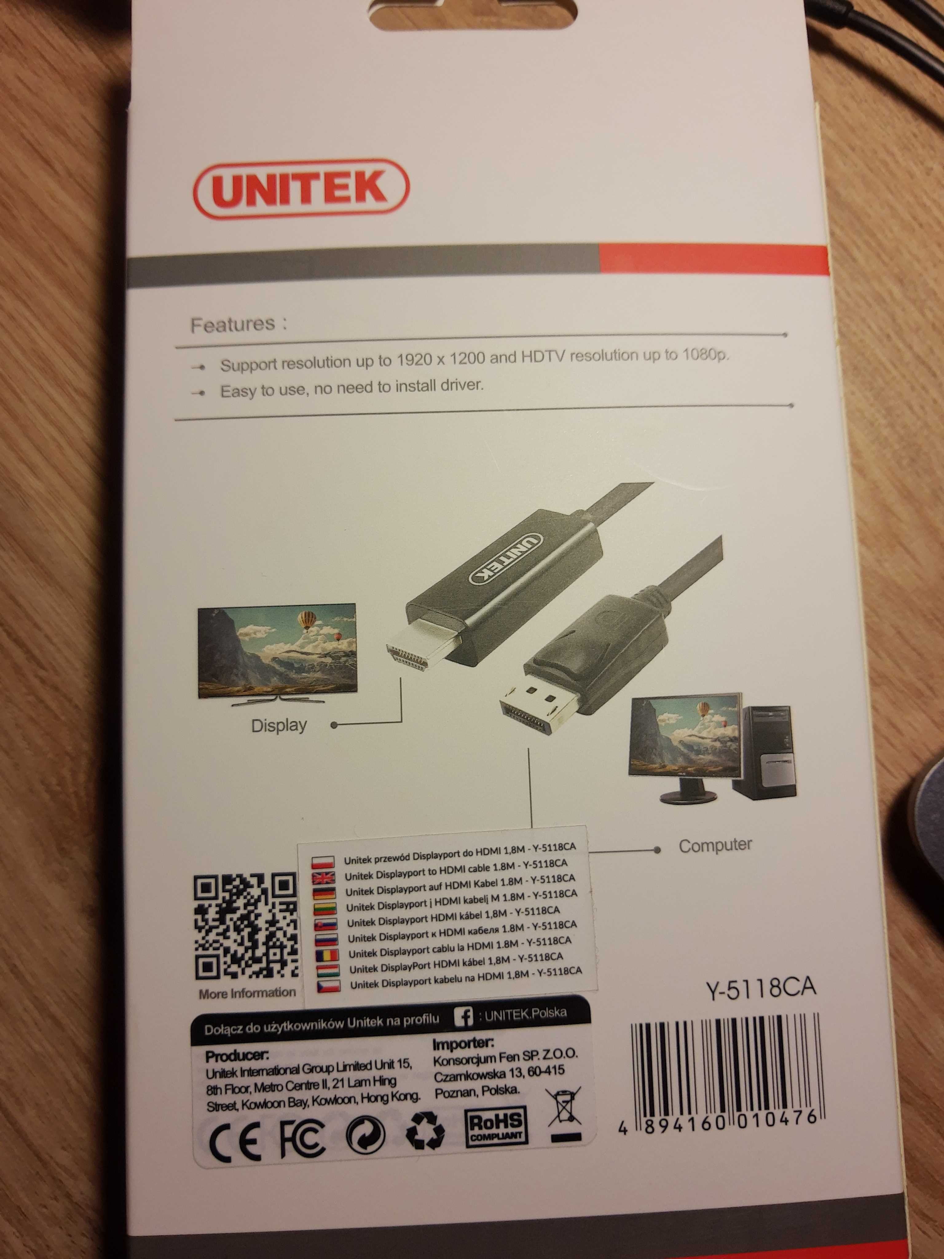 HDMI Kabel Unitek Display Port - HDMI 1,8m