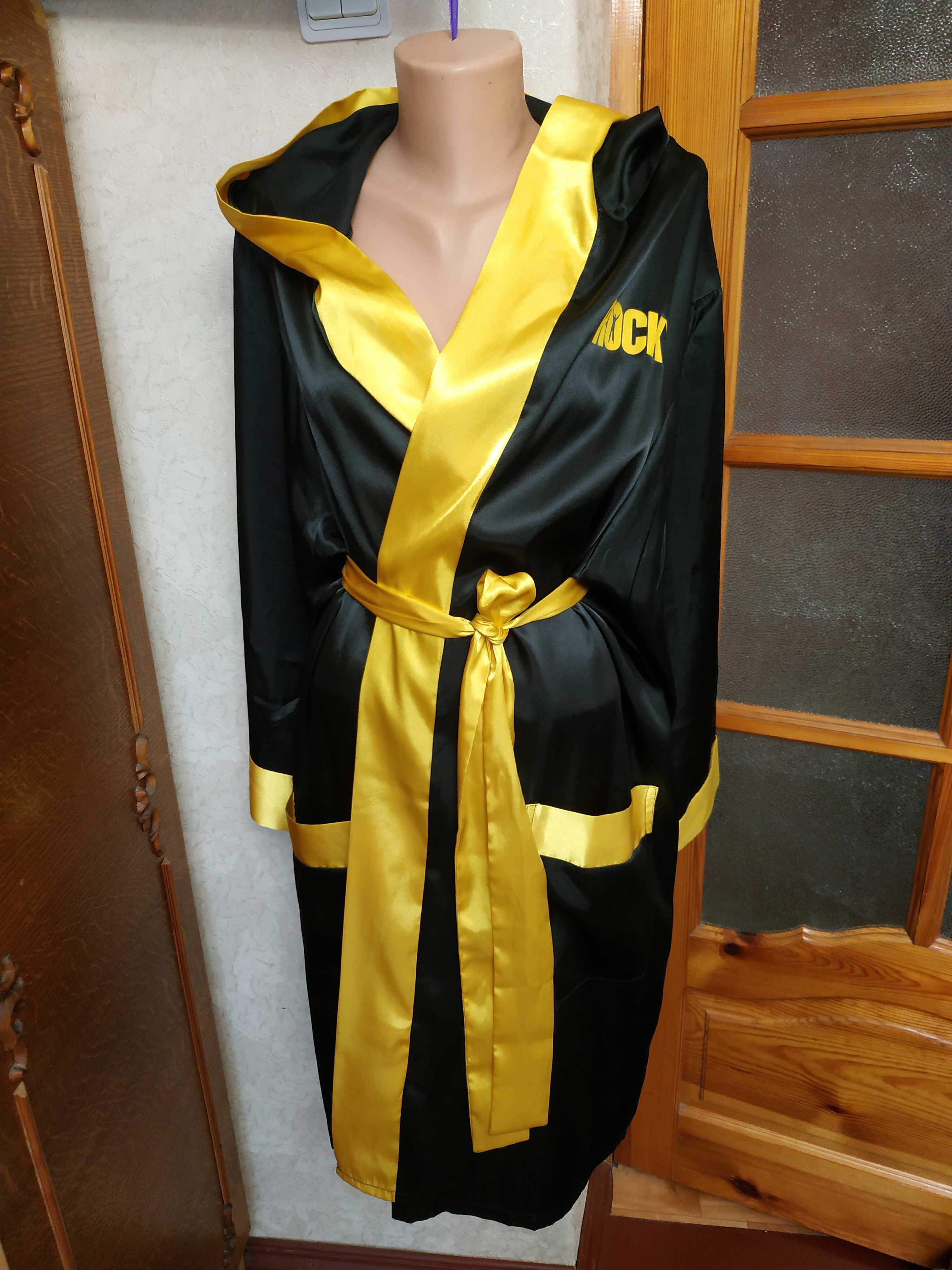 Чоловічий шовковий боксерський халат з капюшоном Рокі  Чорно-жовтий