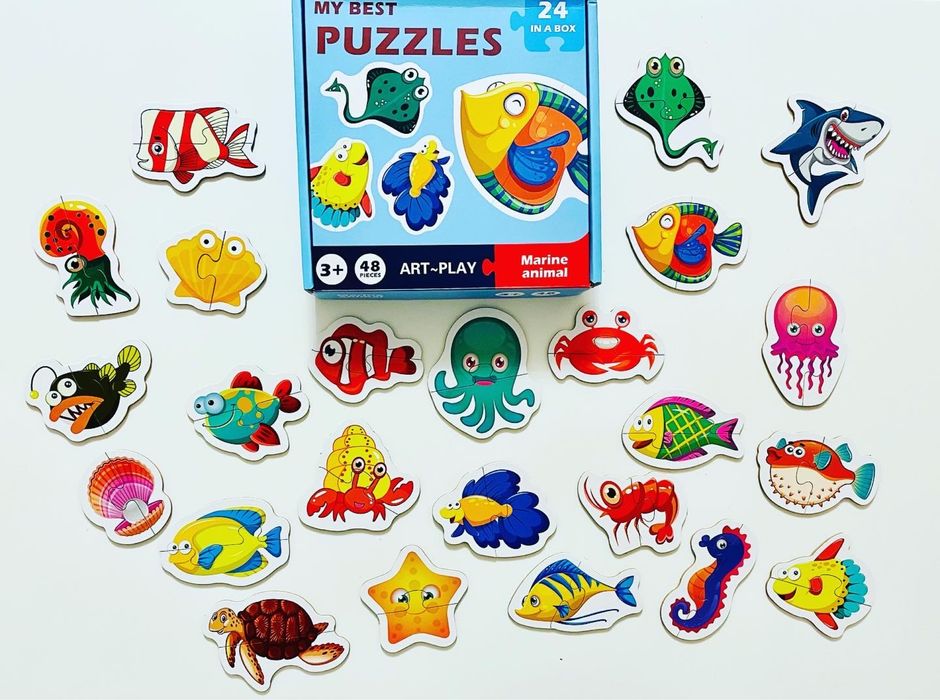 Пазли половинки транспорт - тварини - океан - фрукти та овочі