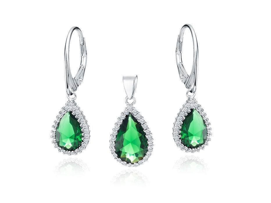 Rodowany Srebrny Komplet Łezki Szmaragd Cyrkonie Z1957Dzr_G