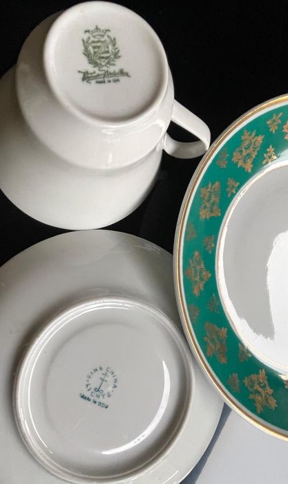 Stara porcelana zestaw śniadaniowy TRIO złoto zieleń