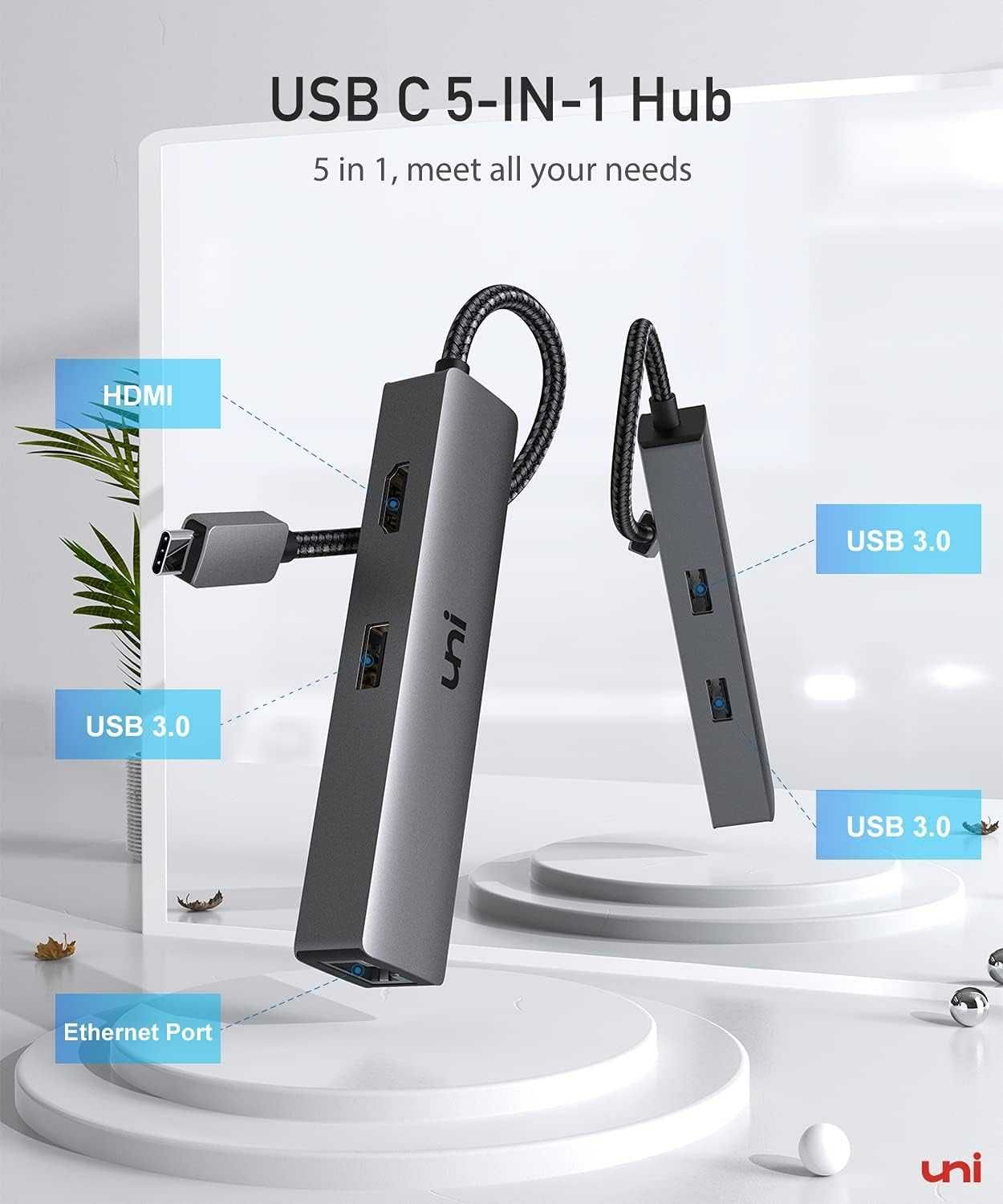 Uni Hub USB C 5 w 1 Gigabit Ethernet  z HDMI 4K,