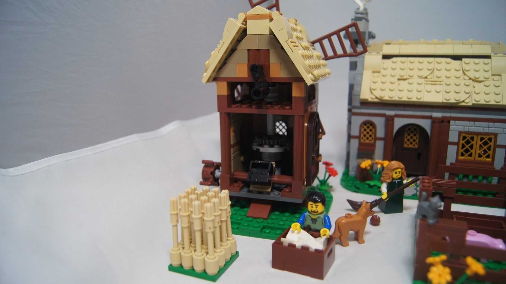 Lego MOC Średniowieczna Wioska Castle figurki zwierzęta stodoła młyn