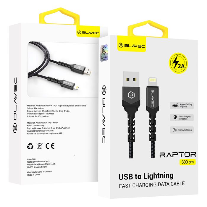 Blavec Kabel Raptor USB na Lightning 2A 3m (czarno-szary)