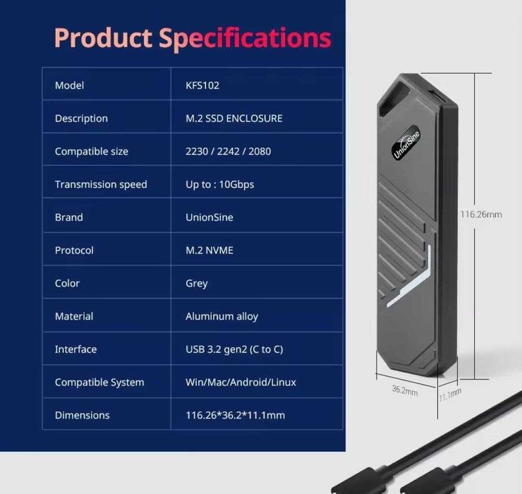 зовнішній карман для SSD M2 NVME UnionSine Gen2 10Gbps USB 3.2 Type C