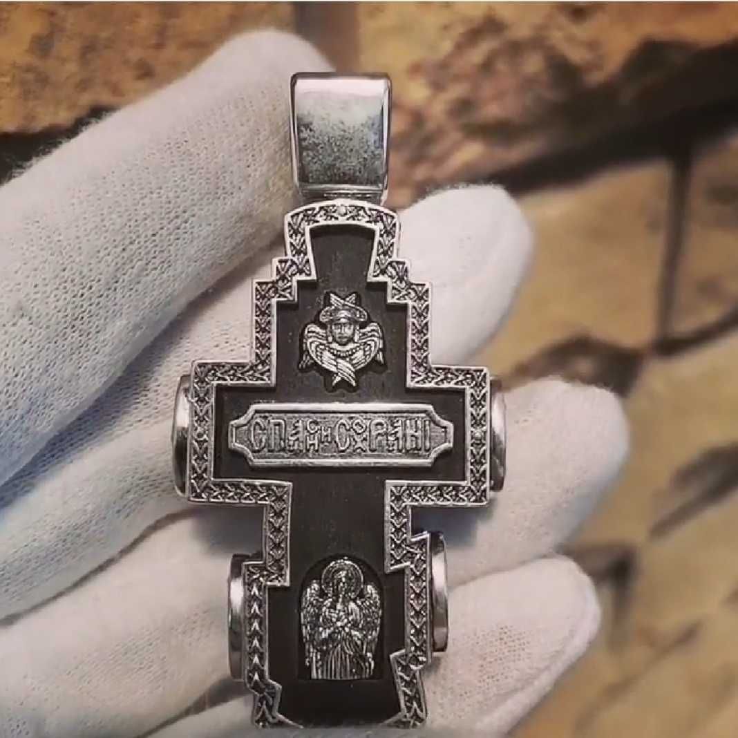 Мужской христианский крест серебряный с черным деревом