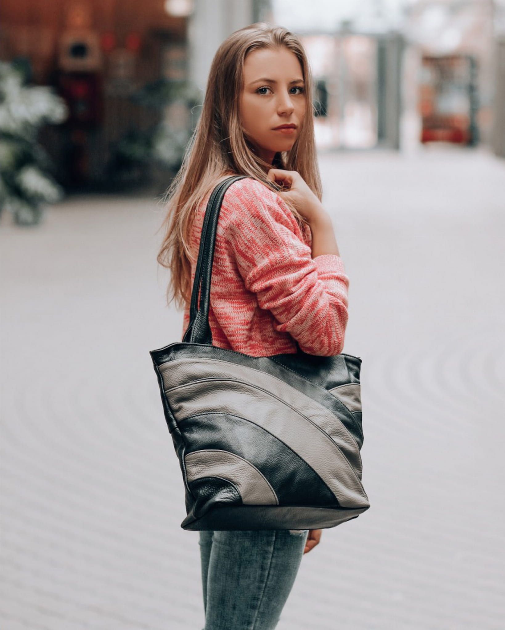 BELTIMORE torebka skórzana shopper klasyczna na ramię V471 bordowa