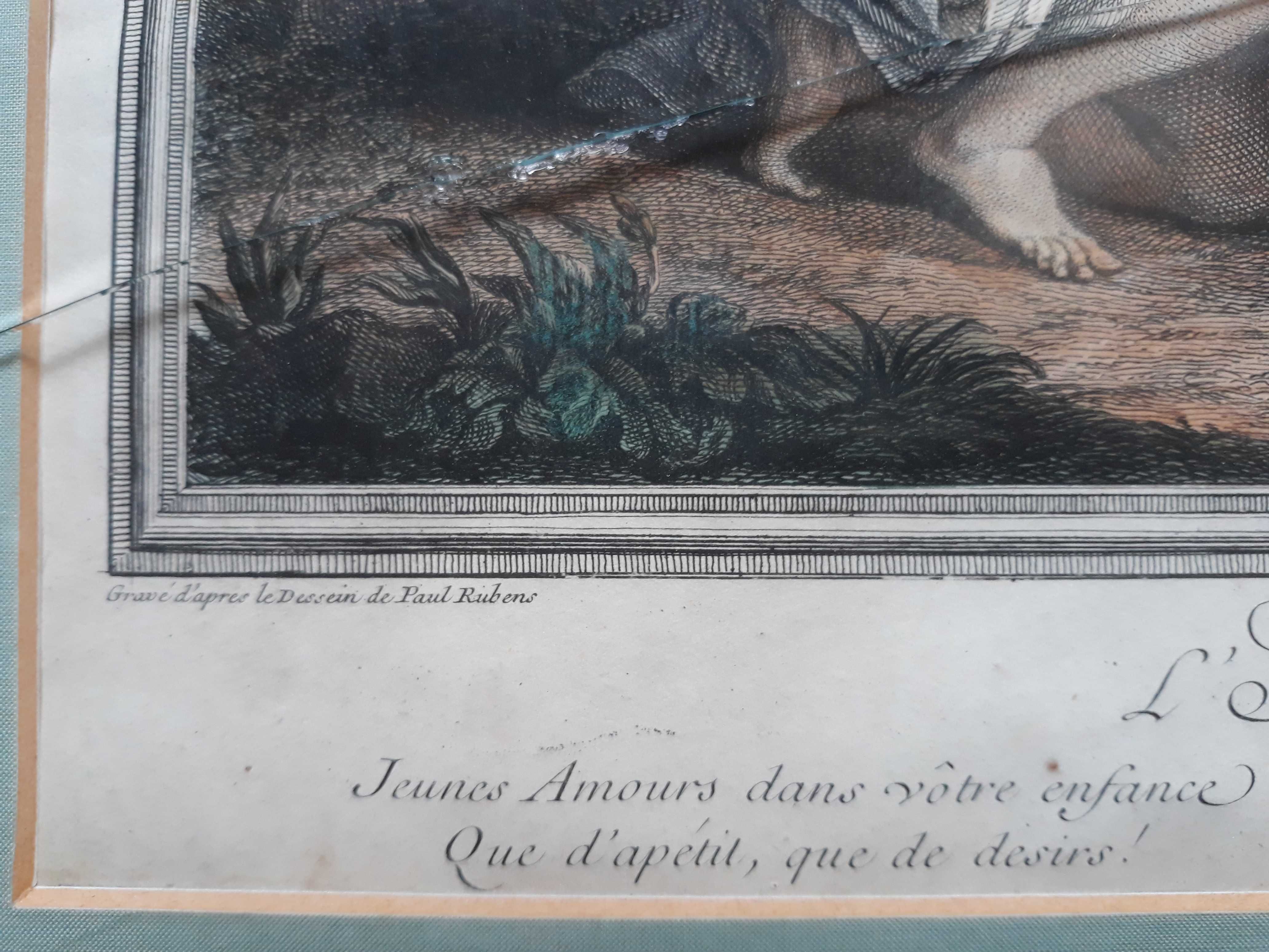 Stary obraz litografia akwaforta Wenus amorki Amour Enfant Paul Rubens