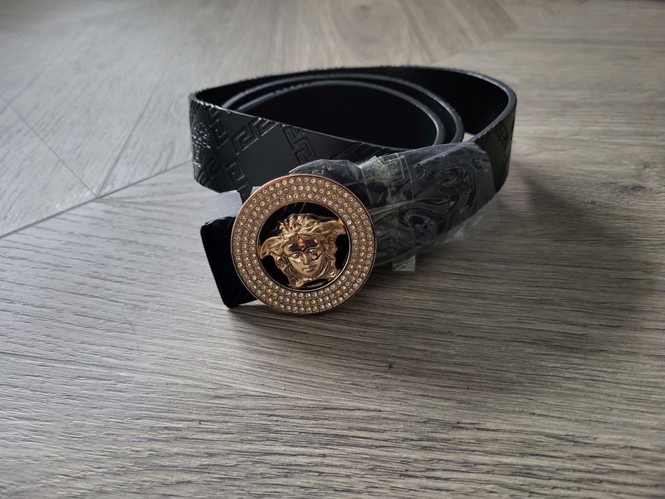 Nowy pasek meduza wzór versace czarny złota klamra cyrkonie grecki