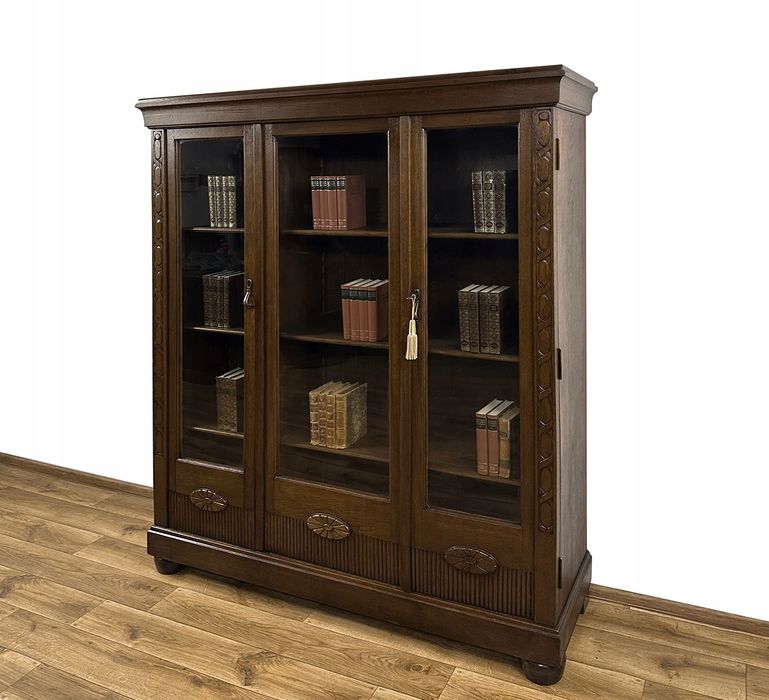 BIBLIOTEKA WITRYNA 3-drzwiowa przeszklona ANTYK SZAFA rzeźbiona