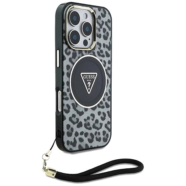 Etui Guess HC IML Leopard Triangle Cord Strap MagSafe do iPhone 16 Pro