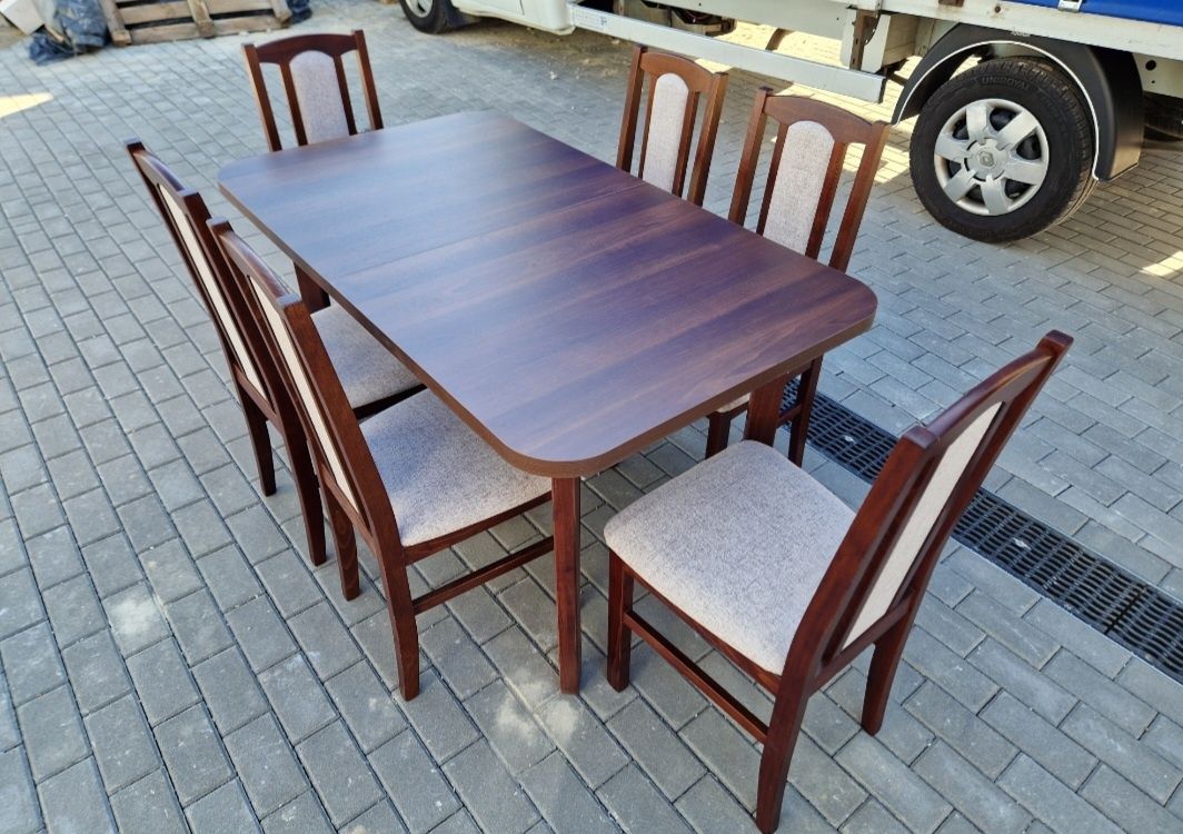 Nowe: Stół 80x140/180 + 6 krzeseł, ORZECH + KAWA Z MLEKIEM, dostawa PL