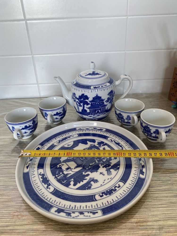 Serviço de bule de chá em porcelana chinesa azul e branca com bandeja