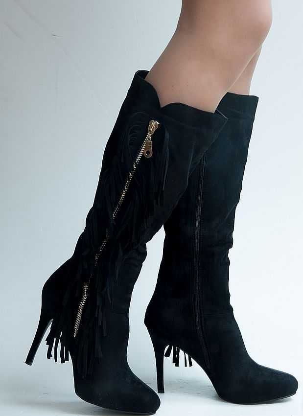 BLOGERSKIE KOZAKI BOHO BLACK eko zamsz frędzle szpilka 41 nowe