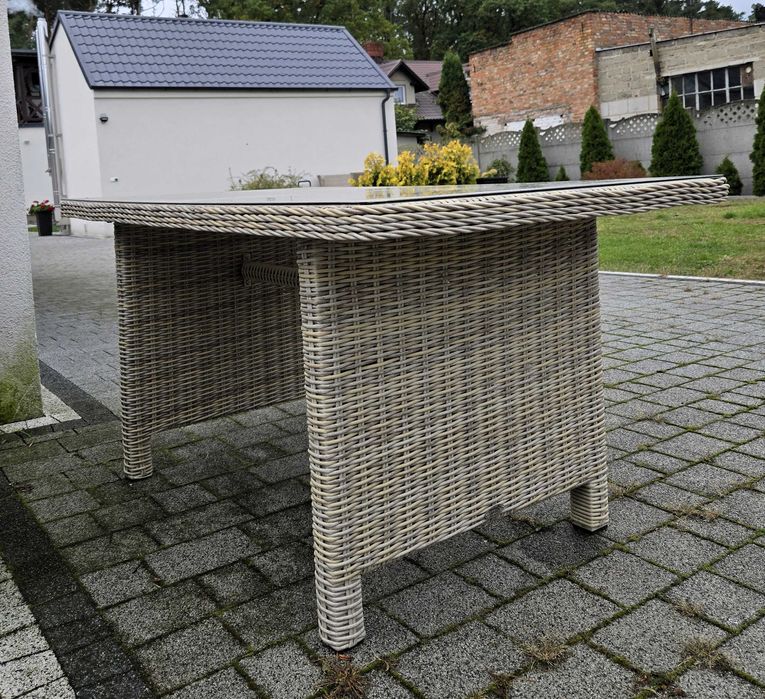 Stół technorattanowy jak nowy szklany blat beż prostokątny rattan