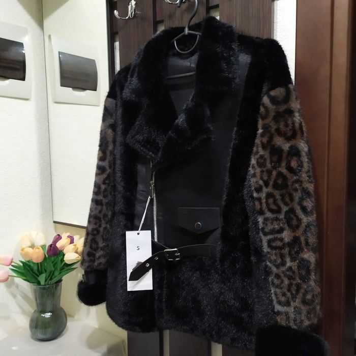 Пуховик дубленка шубка еко норка з леопардовими вставками р. S