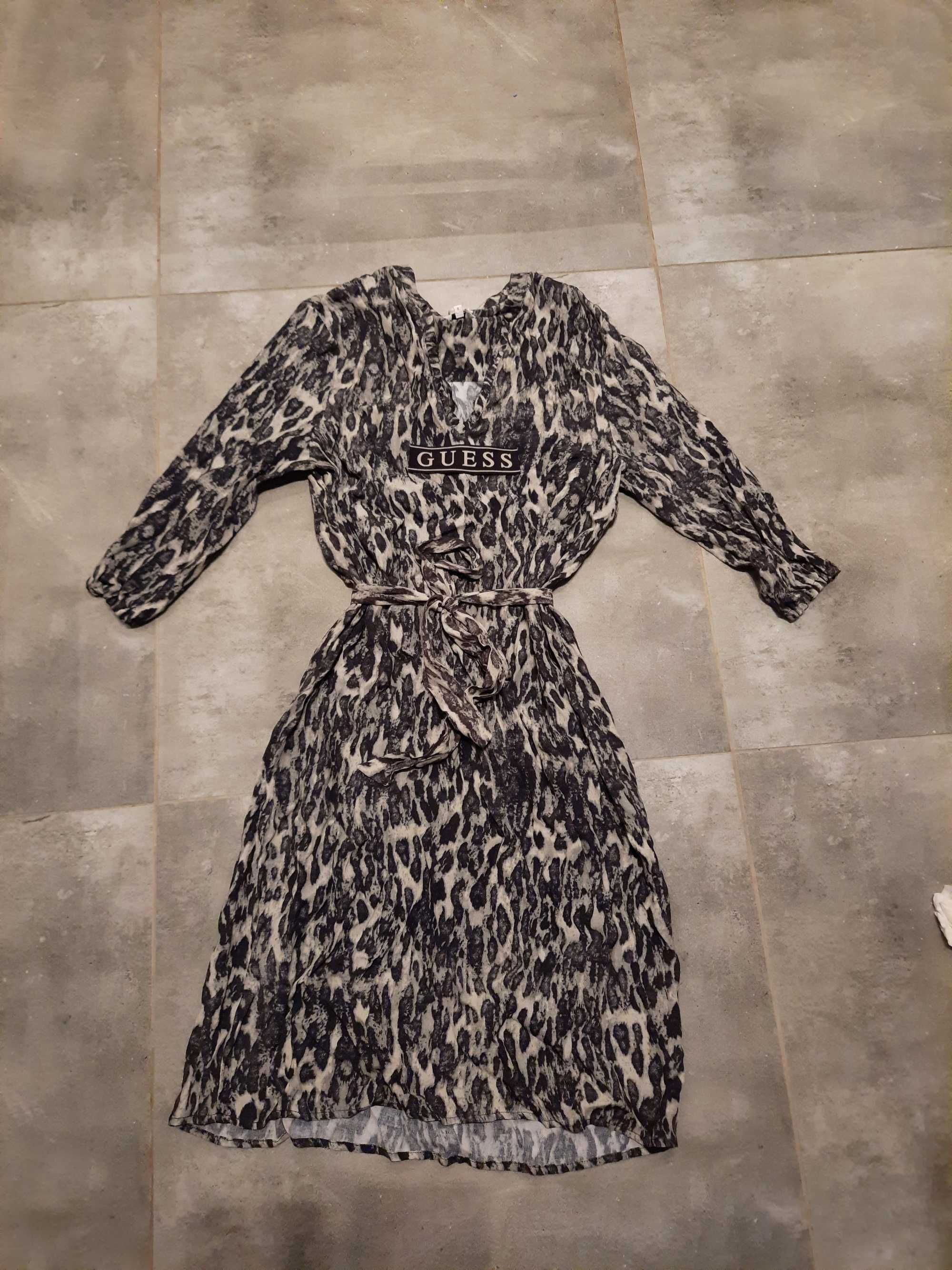 Nowa sukienka elegancka guess 3/4 midi szara panterka stojka  38 m