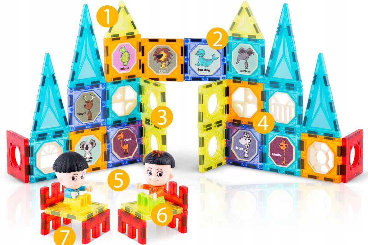 DUŻY ZESTAW klocki magnetyczne edukacyjne 3D + naklejki